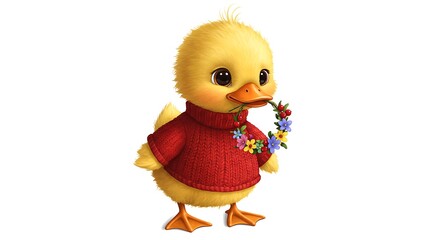 Cartoon duck wearing a red sweater and carrying a tiny wreath — isolated on a white background

