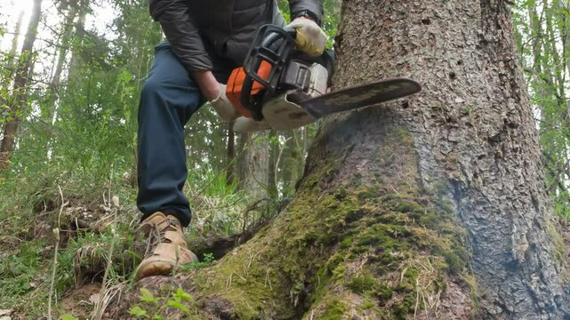 Outdoor Lumberjack Job. A lumberjack with a chainsaw starts felling a large pine tree against the backdrop of a wild forest