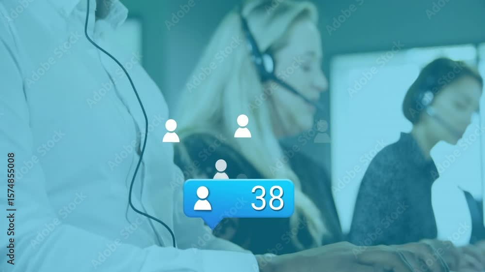 Poster call center agent typing keyboard, animating icons and confetti showing calls rising revealing team