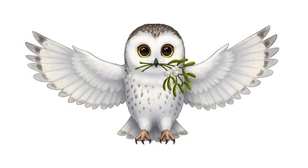 Cartoon realistic snowy owl flapping its wings gently while holding mistletoe in its beak, white background

