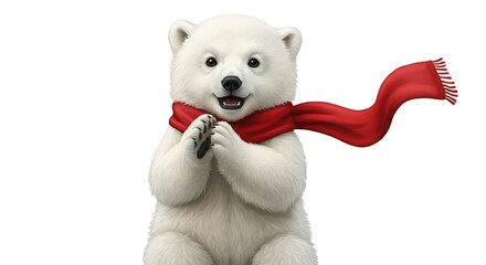 Cartoon realistic polar bear cub clapping its paws with excitement, wearing a red scarf blowing in the air, white background

