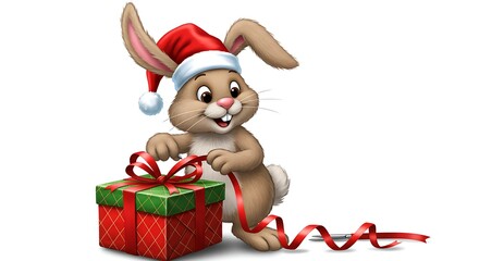 Cartoon bunny wearing a Santa hat while wrapping a present with shiny red ribbon — isolated on a white background

