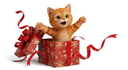 Cartoon kitten peeking out of a gift box with a ribbon tangled around — isolated on a white background

