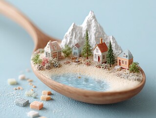 Miniature Village on a Spoon: A Whimsical Lakeside Escape