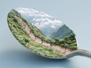 Miniature Hikers on a Mountain Path: A Surreal Journey Through a Spoon's Reflection