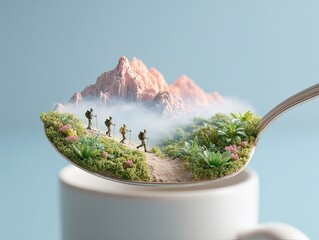 Miniature Hikers on a Spoon: A Surreal Journey Through Mountainous Landscape