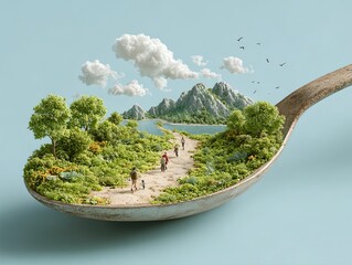 A Spoonful of Serenity: Miniature Landscape Photography, Island Path, Mountain View, Nature Scene