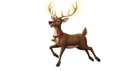 Cartoon realistic reindeer joyfully leaping with glowing antlers, jingling bell collar swinging, white background

