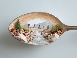 Miniature Hikers on a Coffee Spoon Bridge: A Whimsical Journey Through a Creamy Mountain River Landscape