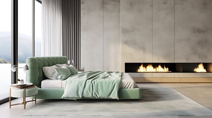 Elegant mint and stone-colored luxury bedroom, seamless concrete wall, layered rugs and velvet accents for plush visual depth