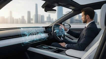 Futuristic Car Interior: Businessman Interacting with Advanced Technology Interface. - Powered by Adobe