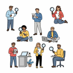 People examining documents with magnifying glasses