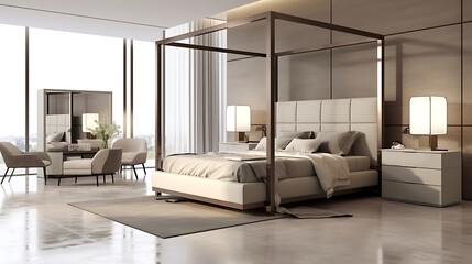 Fototapeta premium Elegant taupe and ivory bedroom suite, matte concrete back wall with recessed lighting, marble floor tiles and modern canopy bed