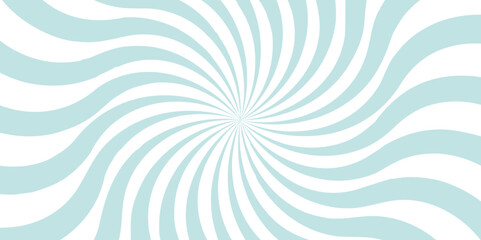 Stripes sunburst in retro pop art style. Swirling radial background. Faded blue, white and beige color burst background. Modern seamless retro vintage burst sunrise sunbeam element spiral striped