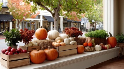 Charming fall window display showcases pumpkins, hay, and rustic decor elements in wooden boxes, inviting cozy autumn vibes