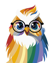Owl wearing glasses in a modern colorful vector illustration style, transparent background