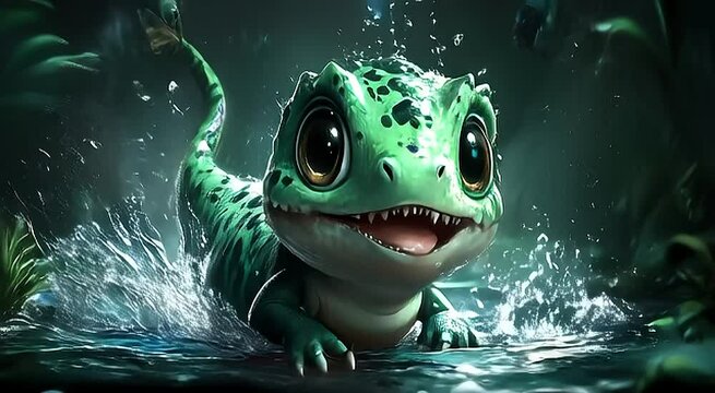 Cute, green, aquatic lizard in water with fish