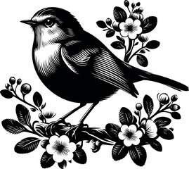 Elegant Robin Silhouette on Blooming Branch