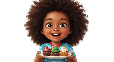 Smiling child holding a tray of cupcakes
