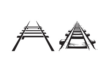 Two stylized black and white railway tracks converging into the distance