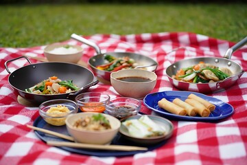 Delicious Asian Cuisine Spread for Outdoor Picnic Party Gathering