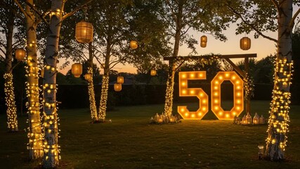 Elegant 50th Birthday Celebration with Illuminated Number Display and Festive Outdoor Decor at Dusk