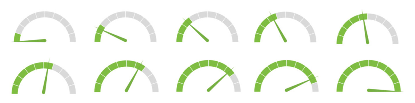 Speedometer gauge meter icon set for infographic. Speed indicators, performance levels, risk gauges and score progress scales