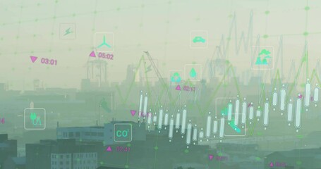 Floating icons starting over hazy harbor at dawn, drawing rising stock chart showing market trends - Powered by Adobe