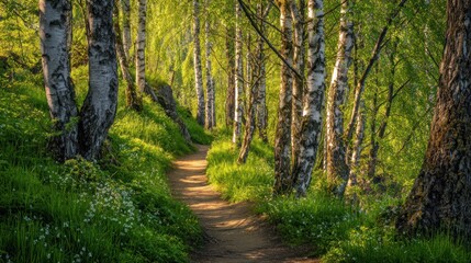 Fototapeta premium Sunlit path winds through birch forest, lush green vegetation