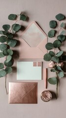 Blush Pink Flatlay with Rose Gold Stationery and Eucalyptus.