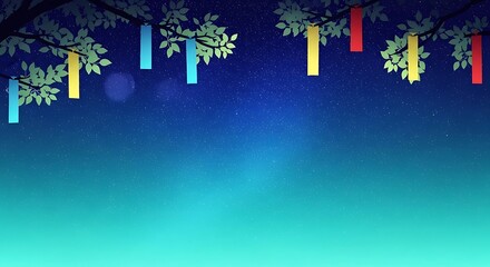Enchanting Night Sky With Colorful Paper Lanterns Hanging From Tree Branches Underneath A Starry Cosmos