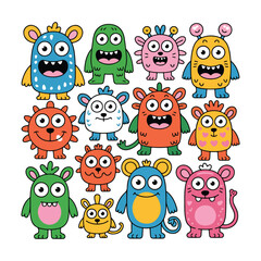 Group of colorful cartoon monsters with big eyes and smiles 1