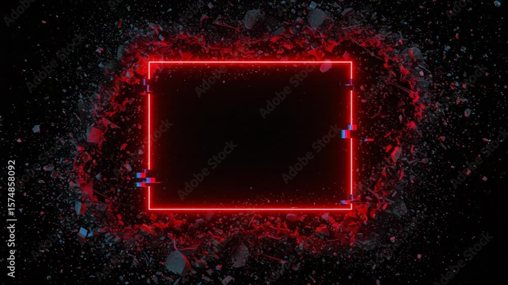 Wall mural dynamic red neon square frames on black background with glitch effects and grunge texture