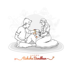 Obraz premium Indian festival Happy Raksha Bandhan or Rakhi. Sister tie rakhi to brother hand drawing isolated on white background.