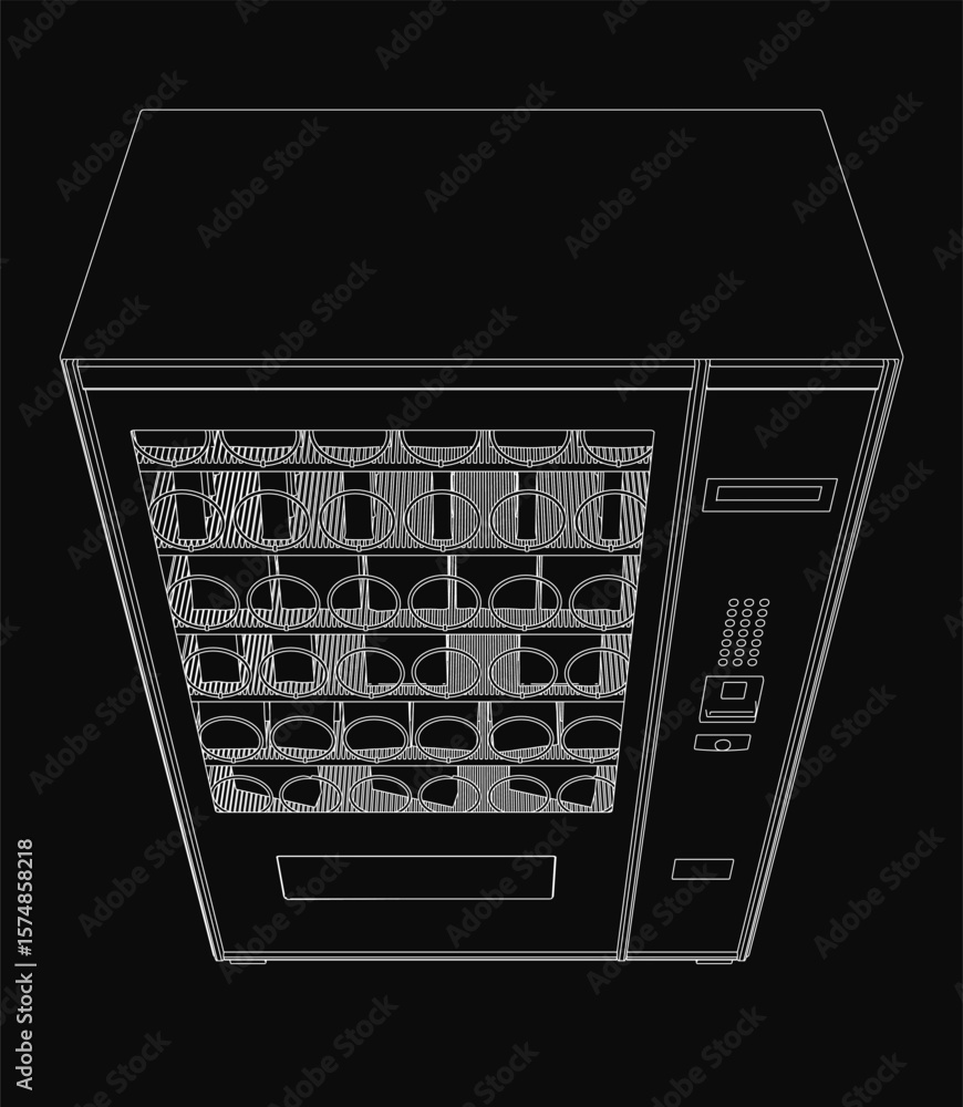 Poster a sleek black and white vending machine stands out against a dark background, featuring a digital di