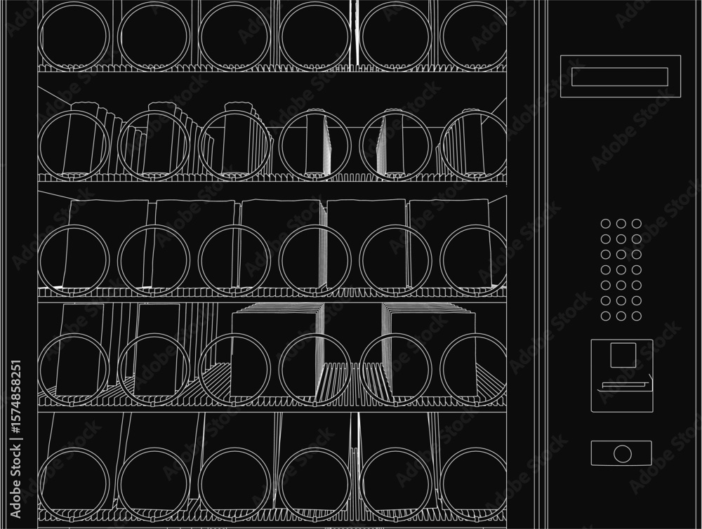 Poster a sleek black and white vending machine features circular designs and modern buttons on the right si