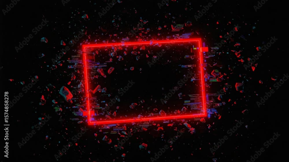 Wall mural futuristic glowing neon red rectangle frames with digital glitch particle effects overlay