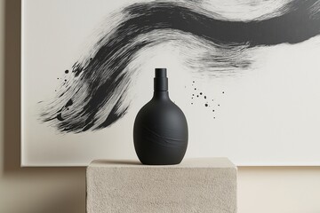Minimalist matte black perfume bottle with abstract brushstroke background, product display concept