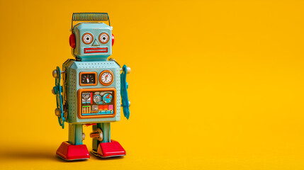 Vintage toy robot with colorful details standing against a bright yellow background.