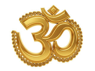 A golden Om symbol in traditional Devanagari script, glossy 3D style with intricate ornamental contours, centered and isolated on a transparent background