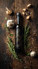 Fototapeta premium Black Olive Oil Bottle with Rosemary and Garlic Flat Lay.