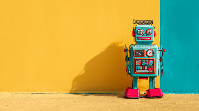 Vintage toy robot with colorful details standing against a bright yellow background.