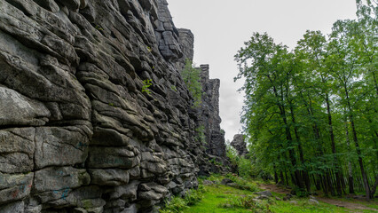Seven Brothers and One Sister, remnants of rock at top of Semibratskaya Mountain in Middle Urals,...