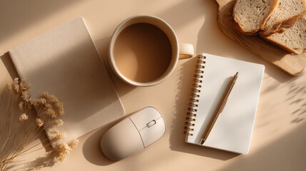 Beige Workspace Flatlay with Wireless Mouse and Notepad.