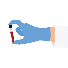 Hand in blue medical glove holding red blood test tube. Laboratory sample, safety and diagnostic concept