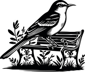 Mockingbird Perched on Bench Silhouette for Country Style Posters and Peaceful Wall Art