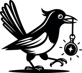 Mysterious Magpie Carrying Shiny Treasure Silhouette for Gothic Nature Decor and Crafts.