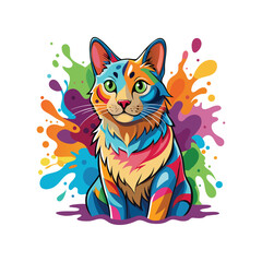 Painter cat with colorful paint splashes on fur, creative artistic feline vector illustration, cute cat artist, vibrant paint design on white background