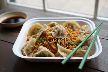 Delicious Asian Noodles with Dumplings and Fresh Vegetables Ready to Enjoy