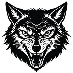 Naklejka premium Fierce wolf head illustration showing teeth and a powerful grinning face on white background